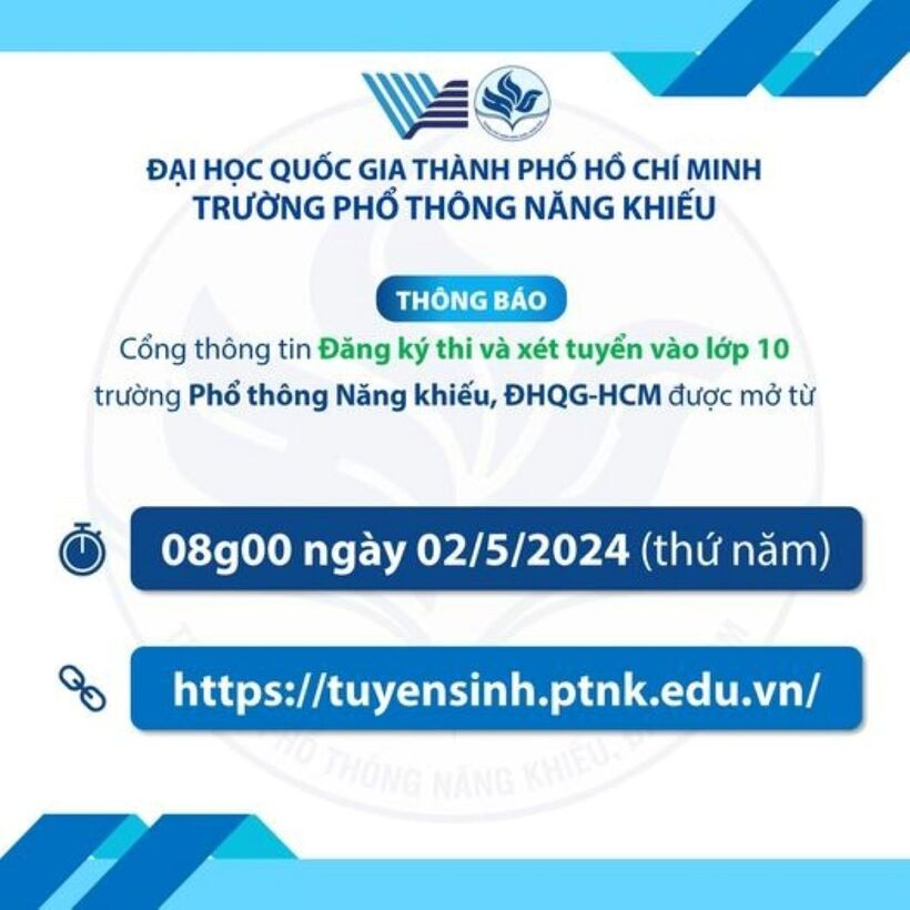 Thông báo mở cổng đăng ký dự thi vào lớp 10 Trường Phổ thông Năng khiếu, ĐH Quốc gia TP.HCM. Ảnh: VTV News