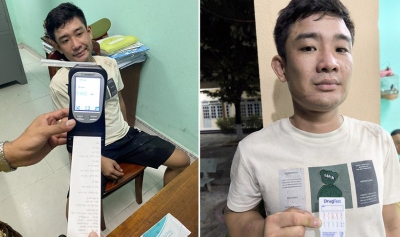 Lực lượng chức năng tiến hành đo nồng độ cồn và test nhanh ma túy đối với Nguyễn Văn Phú. Ảnh: CAND