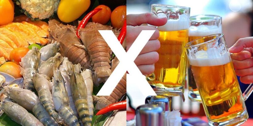 Tránh tiêu thụ quá nhiều bia khi ăn hải sản.