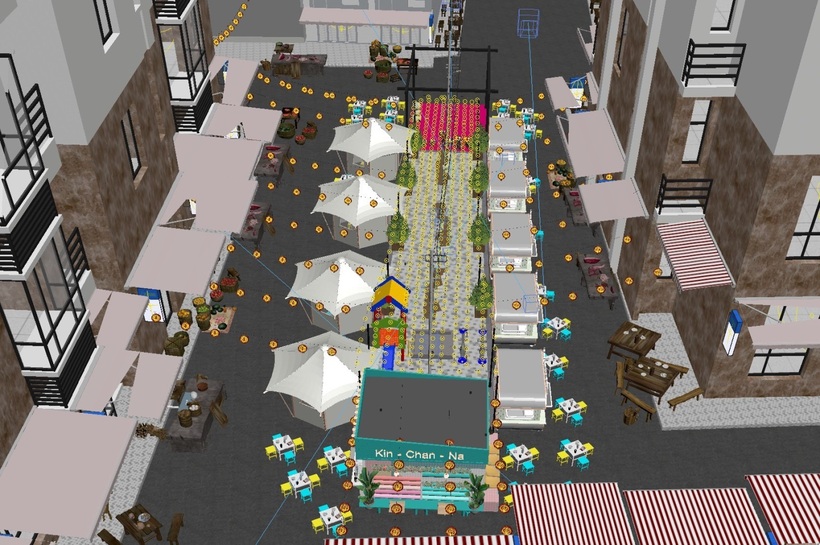 Phối cảnh vườn ẩm thực Hàn Quốc với hệ thống đèn trang trí lung linh về đêm.