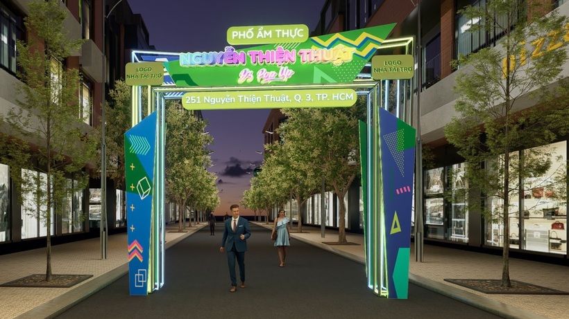 Cổng chào khu phố ẩm thực được thiết kế trẻ trung, độc đáo.