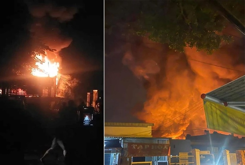 Đám cháy bùng lên từ nhà kho trên đường Trịnh Thị Dối, xã Đông Thạnh, huyện Hóc Môn. (Ảnh: PLO)