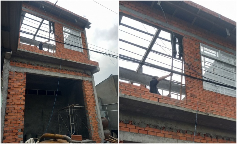 Công trình thi công nhà ở nằm khá sát với đường dây điện trung thế. (Ảnh: Tuổi trẻ)