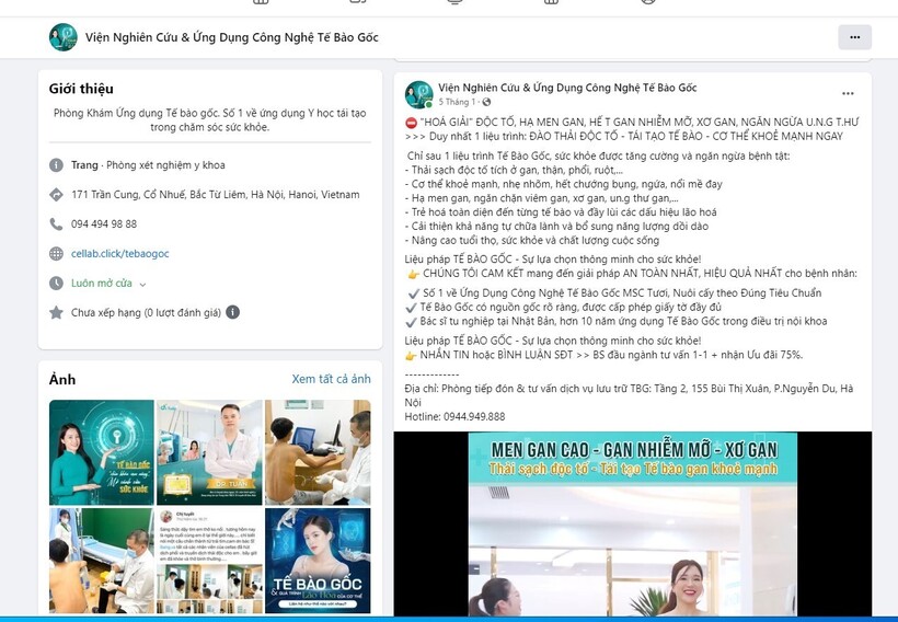 Từ số hotline trên trang Facebook này, chúng tôi được giới thiệu đến phòng khám ĐTH 171 Trần Cung. Ảnh chụp màn hình.