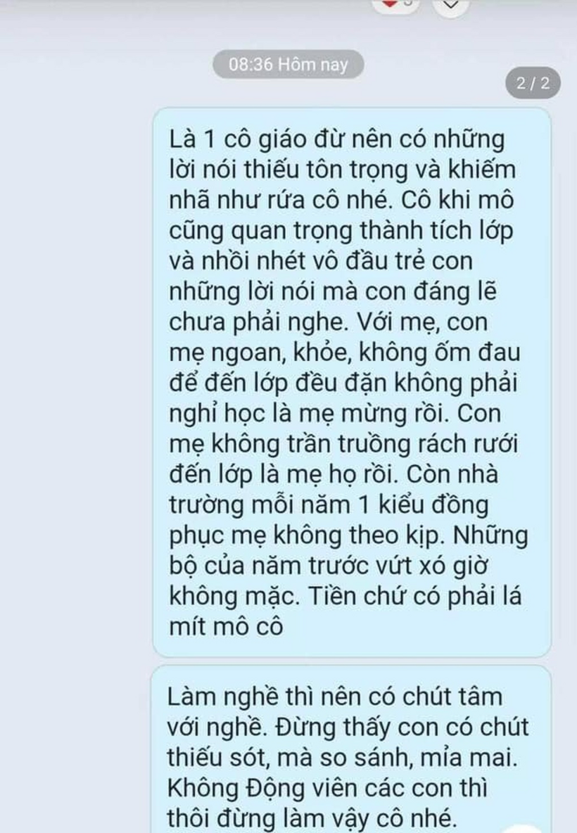 Đoạn hội thoại giữa giáo viên và phụ huynh được chia sẻ lên mạng xã hội. Ảnh: Dân Trí.