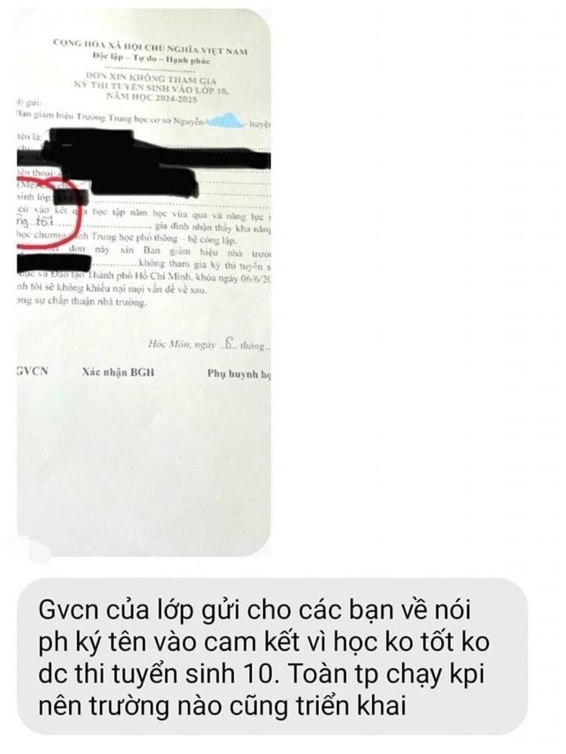 Lá đơn và đoạn tin nhắn đang gây xôn xao trong học sinh lớp 9 tại TP HCM. Ảnh: VietNamNet