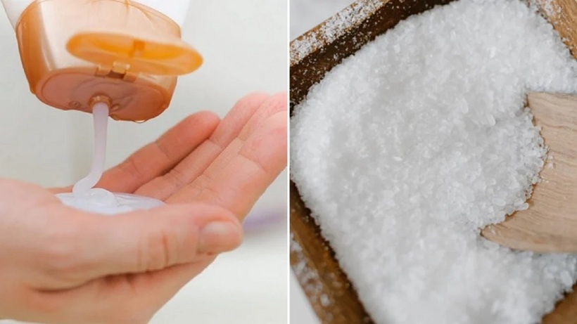 Trộn muối và dầu gội với tỷ lệ 1:1 hoặc 3:2 để tạo ra một hỗn hợp đồng nhất.