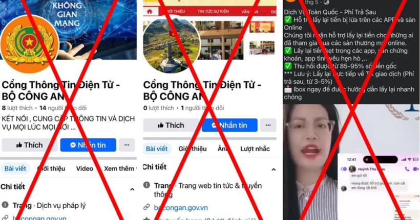 Một số Trang Thông tin mạo danh Cổng Thông tin điện tử Bộ Công an trên Facebook. (Ảnh: Bộ Công an)