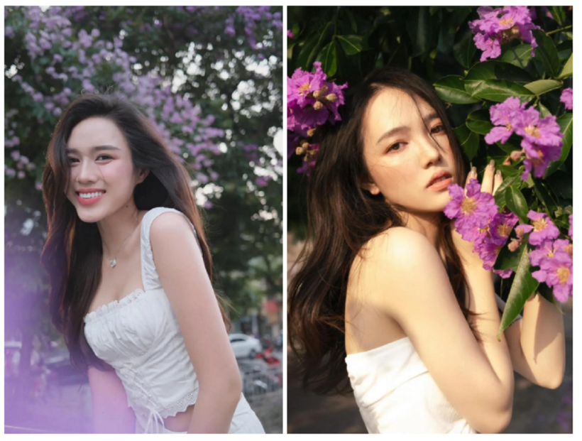 Hoa hậu Đỗ Thị Hà (ảnh trái) cũng "đu trend" chụp ảnh với hoa bằng lăng.