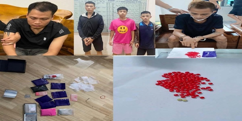 5 đối tượng và nhiều ma túy thu giữ trong vụ án.