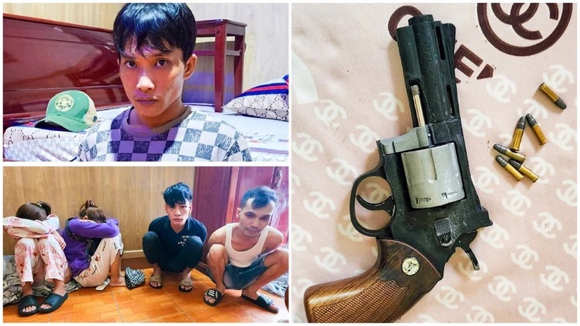 Các đối tượng sử dụng ma túy tại nhà trọ Thanh Thủy, khẩu súng cùng đạn thu giữ tại căn phòng này. (Ảnh: PLO)
