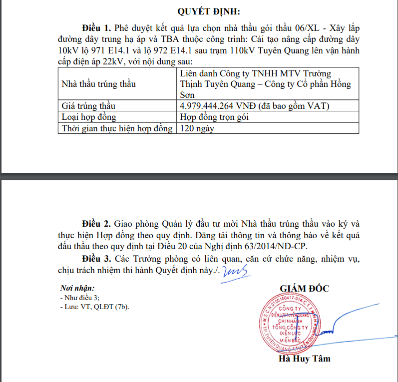 Gói thầu ghi nhận mối quan hệ hợp tác của liên danh Trường Thịnh Tuyên Quang và Hồng Sơn (chính là gói thầu 06 XL: Xây lắp đường dây trung hạ áp và TBA kể trên).