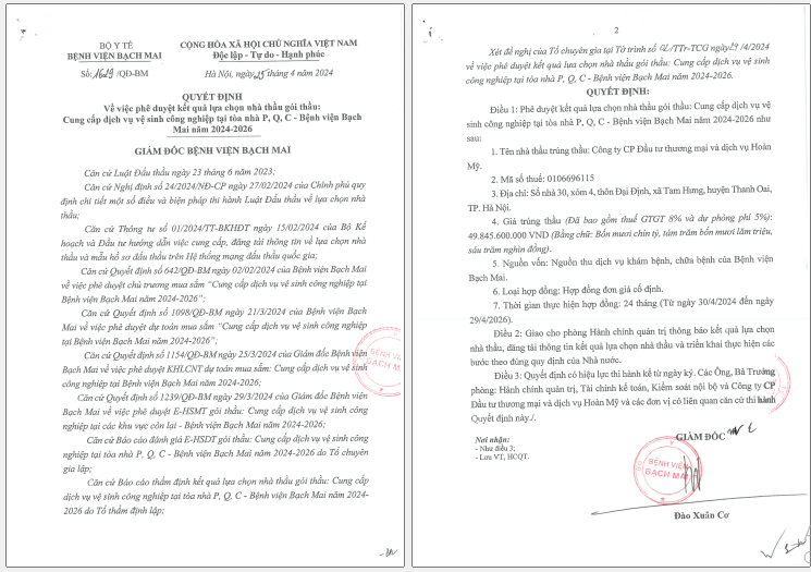 Quyết định trúng thầu số 1629/QĐ-BM do Giám đốc Bệnh viện Bạch Mai Đào Xuân Cơ ký ngày 25/4/2024.