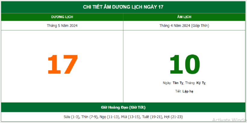 Xem lịch âm hôm nay 17/5/2024.