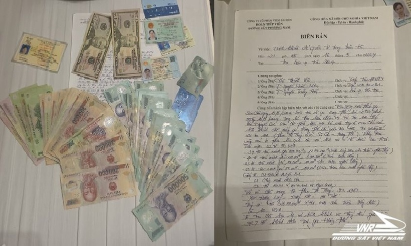 Biên bản và số tài sản khách để quên trên tàu SE4 được ngành Đường sắt trao trả lại cho hành khách. (Ảnh: Đường sắt Việt Nam)