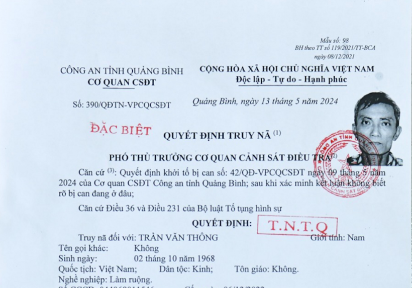 Cơ quan Cảnh sát điều tra, Công an tỉnh Quảng Bình vừa ra quyết định truy nã đặc biệt đối với Trần Văn Thông, sinh năm 1968, trú tại thôn Hồng Sơn, xã Trường Sơn, huyện Quảng Ninh, tỉnh Quảng Bình về tội danh giết người. Ảnh CACC
