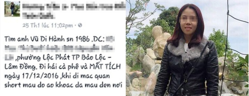 Người vợ sau khi tiếp tay cho nhân tình sát hại chồng, đã đăng thông tin chồng mất tích lên mạng xã hội. Ảnh: Thanh Niên
