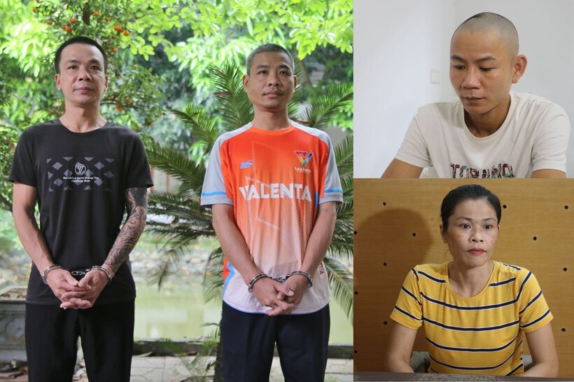 Đối tượng Nguyễn Anh Tuấn, Lê Anh Tuấn, Mai Văn Thanh và Võ Thị Thanh. Ảnh: Công an tỉnh Nghệ An.