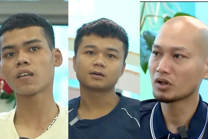 Ba người hùng trong vụ cháy (từ trái qua): Đồng Văn Tuấn, Hoàng Anh Tuấn, Phạm Quốc Luật. Ảnh: VTV