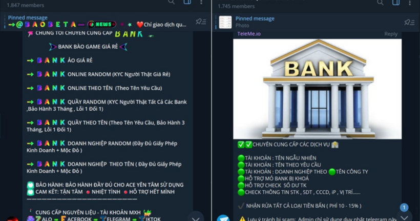Một số hội nhóm mua bán tài khoản ngân hàng trên Telegram. (Ảnh: Công an tỉnh Quảng Ninh)