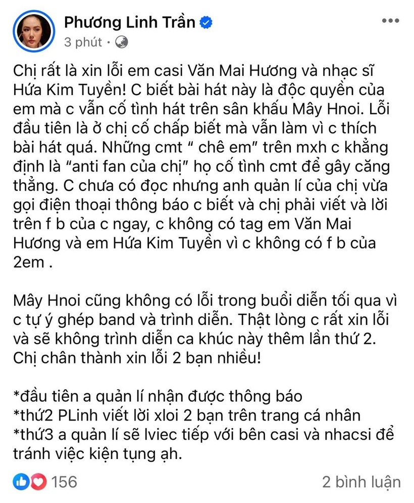 Nội dung bài đăng của Phương Linh Trần trên trang cá nhân.