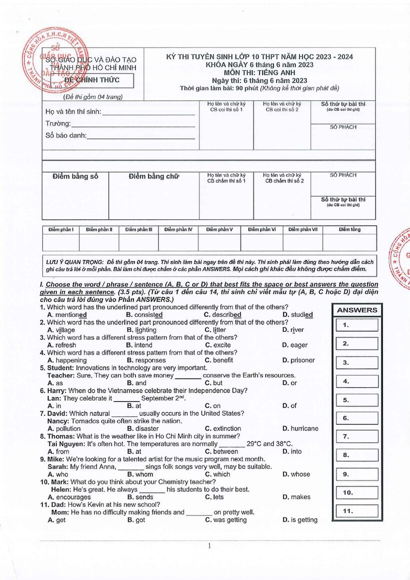 Đề thi, đáp án chính thức môn Tiếng anh thi vào lớp 10 năm 2023 tại TP.HCM - 1