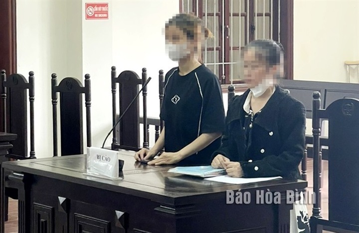 Bị cáo Nguyễn Thị Hồng Gấm (trái) và người giám hộ tại phiên tòa phúc thẩm. Ảnh: Báo Hòa Bình
