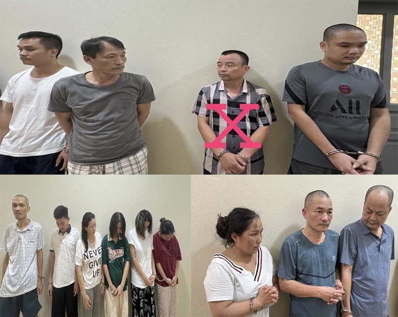 Trần Đình Thọ (X) và các đối tượng trong đường dây đánh bạc bị công an bắt giữ. Ảnh: Công an TP.Thanh Hóa