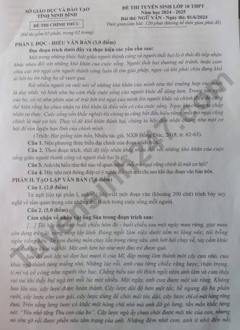 Kỳ thi tuyển sinh vào lớp 10 Ninh Bình: Đề thi, đáp án gợi ý môn Ngữ văn - 1