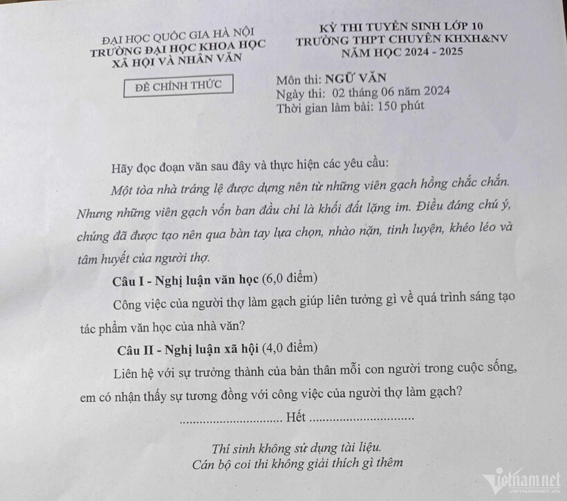 Đề thi môn Ngữ văn. Ảnh VietNamnet.