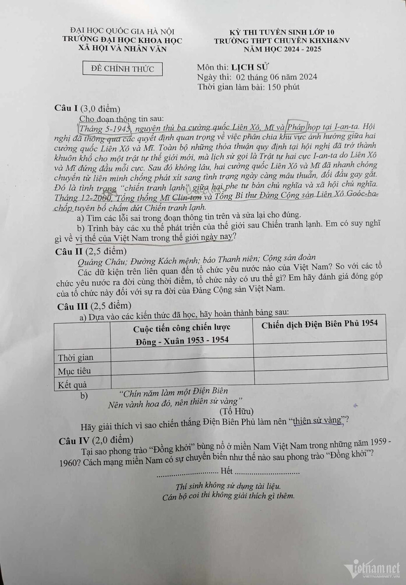 Đề thi môn Lịch sử.