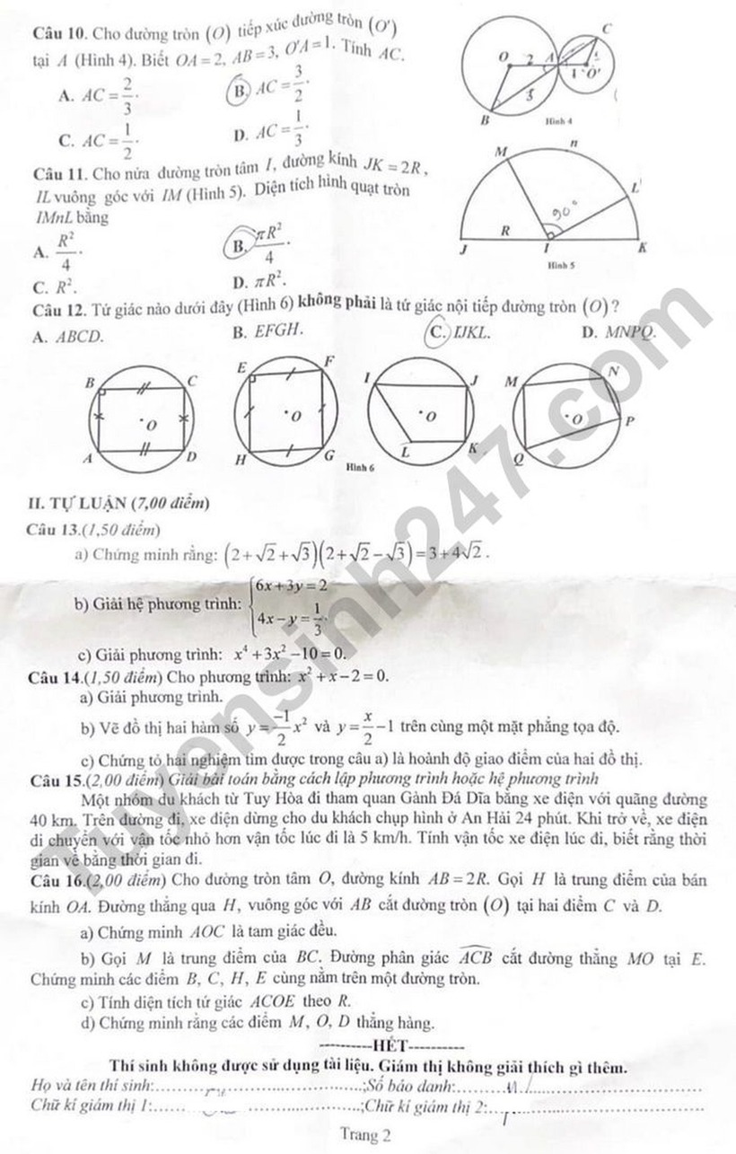 Đề thi môn Toán kỳ thi tuyển sinh lớp 10 tại Phú Yên