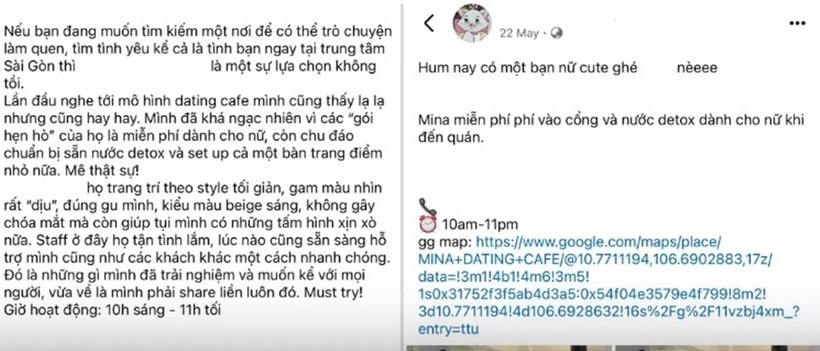 Trước đó, nhiều tài khoản mạng xã hội đăng tải nội dung về một quán cà phê "hẹn hò" có hình thức ghép đôi các cặp nam, nữ nằm giữa trung tâm quận 1 (TP. HCM). Nội dung các bài đăng cho rằng, quán được chia ra 2 phòng, nam phòng đen và nữ phòng trắng. Hai bên sẽ không nhìn thấy nhau và có 5 phút trò chuyện để quyết định có ghép đôi hay không.