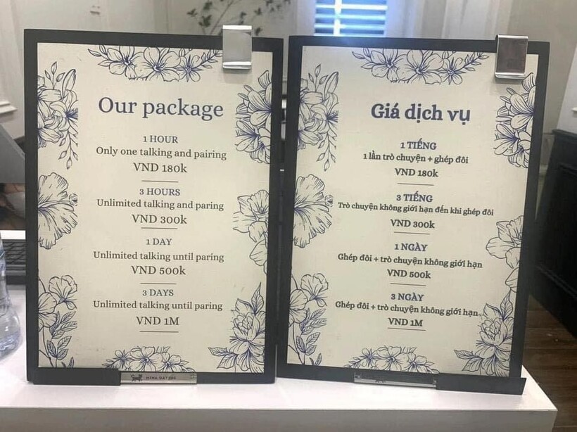 Ngoài ra, bài viết còn đặt những vấn đề khó hiểu khi khách nữ được miễn phí nước uống. Quán có 4 gói hẹn hò chia theo thời gian 1 tiếng, 3 tiếng, 1 ngày, 3 ngày nhưng khách nữ không phải trả tiền thanh toán các gói này. Cùng với đó, quán còn có dịch vụ cho mượn miễn phí không gian phòng trắng để tổ chức các hoạt động cho nữ giới. Thậm chí các bạn nữ không cần đặt đồ uống mà có thể uống nước miễn phí khi tham gia các hoạt động này.