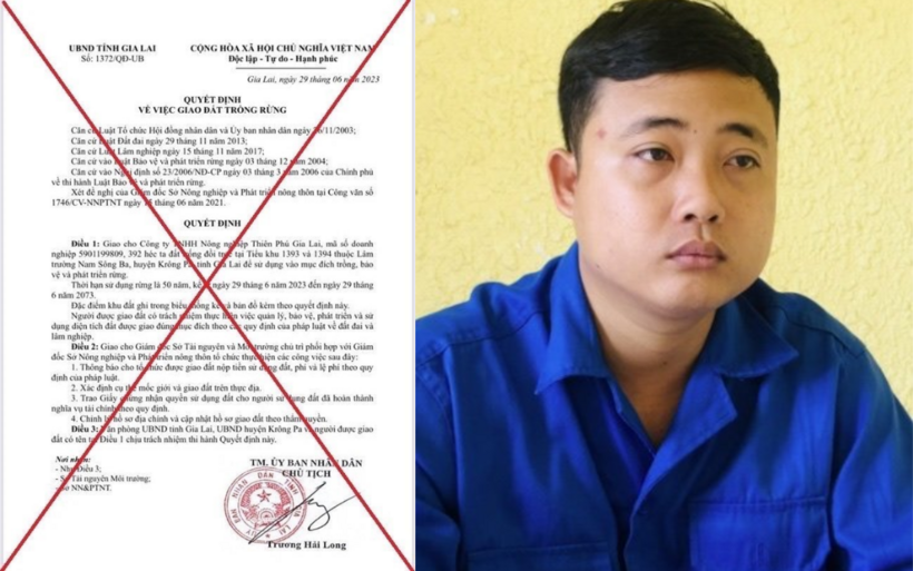 Huỳnh Chí Linh tại cơ quan công an và văn bản giả mạo chữ ký. Ảnh: Dân Trí