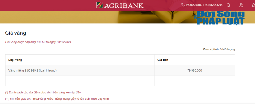 Giá vàng SJC niêm yết trên website Agribank ngày 3/6.