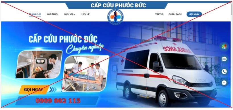 Công ty vận chuyển cấp cứu không có giấy phép hoạt động khám chữa bệnh, quảng cáo "là đơn vị đi đầu trong dịch vụ vận chuyển cấp cứu tại Việt Nam". Ảnh: Sở Y tế