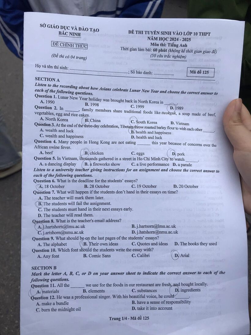 Đề thi tuyển sinh lớp 10 môn Tiếng Anh tỉnh Bắc Ninh năm 2024 - 1