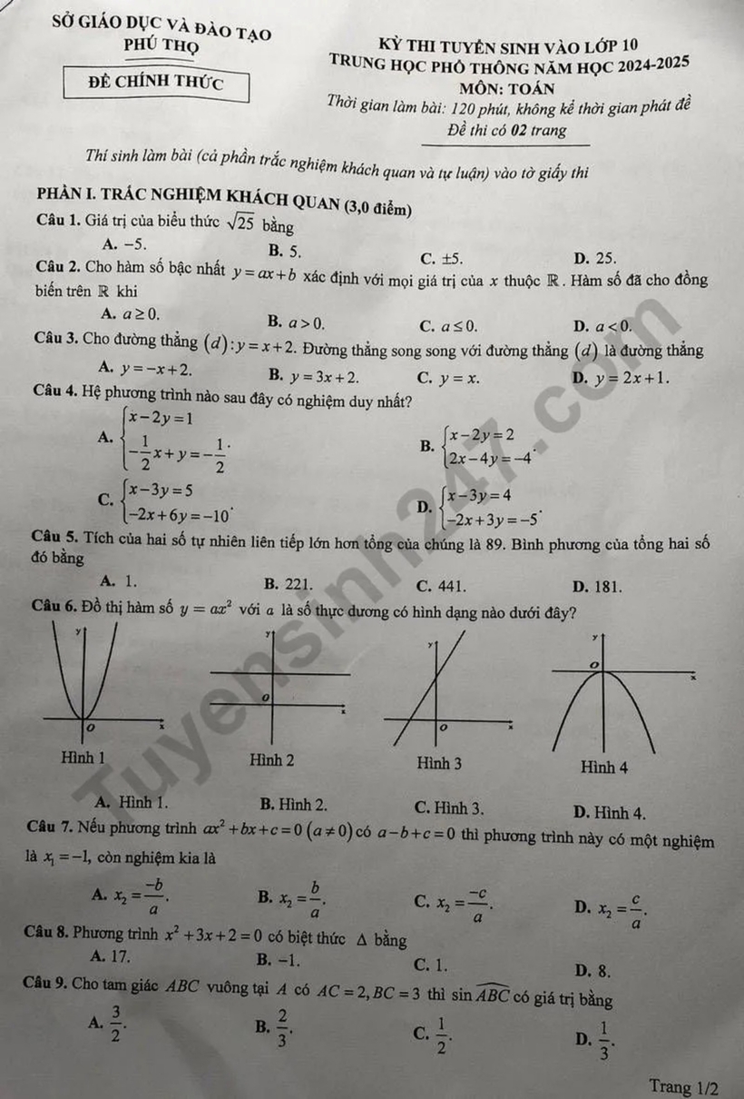 Kỳ thi tuyển sinh vào lớp 10 Phú Thọ: Đề thi, đáp án gợi ý môn Toán - 7