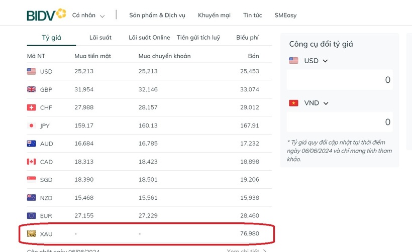 Giá vàng miếng bán ra tại Ngân hàng BIDV.