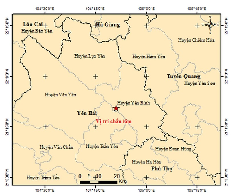 Bản đồ tâm chấn (Ảnh: Viện Vật lý Địa cầu).