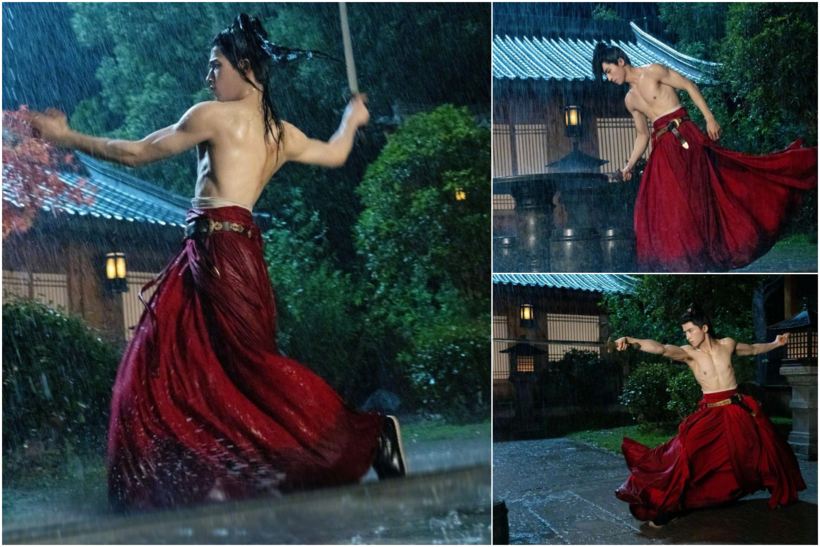 Nhân vật Tiêu Hoành (Vương Tinh Việt đóng) trong Mặc Vũ Vân Gian múa kiếm dưới mưa.