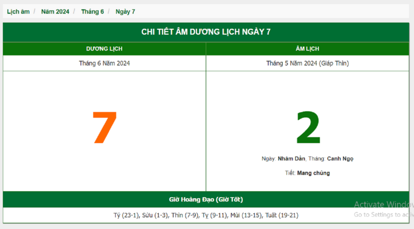 Âm lịch hôm nay 7/6 chuẩn nhất.