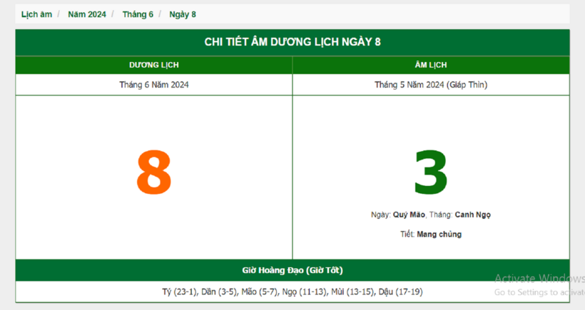 Âm lịch hôm nay 8/6 chuẩn nhất.
