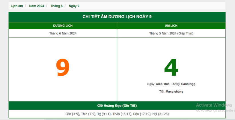 Âm lịch hôm nay 9/6 chuẩn nhất.