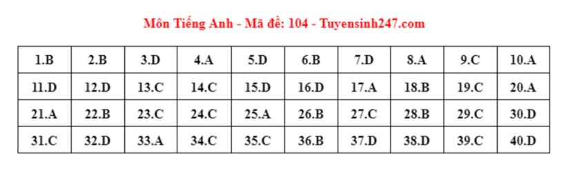 Đáp án gợi ý môn Tiếng Anh tuyển sinh lớp 10 ở Hà Nội năm 2024 mã đề 104