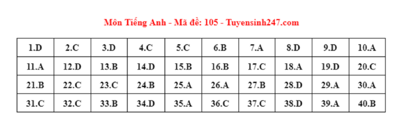 Đáp án gợi ý môn Tiếng Anh tuyển sinh lớp 10 ở Hà Nội năm 2024 mã đề 105