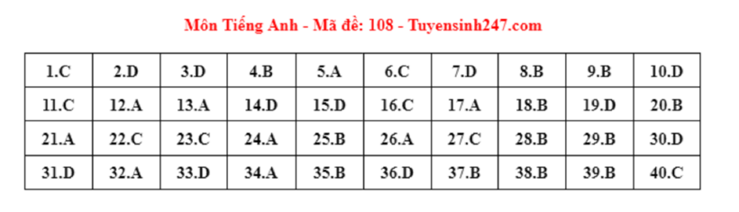 Đáp án gợi ý môn Tiếng Anh tuyển sinh lớp 10 ở Hà Nội năm 2024 mã đề 108