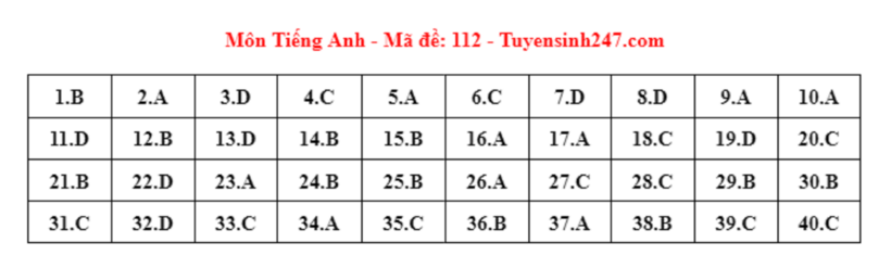 Đáp án gợi ý môn Tiếng Anh tuyển sinh lớp 10 ở Hà Nội năm 2024 mã đề 112