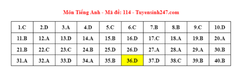 Đáp án gợi ý môn Tiếng Anh tuyển sinh lớp 10 ở Hà Nội năm 2024 mã đề 114